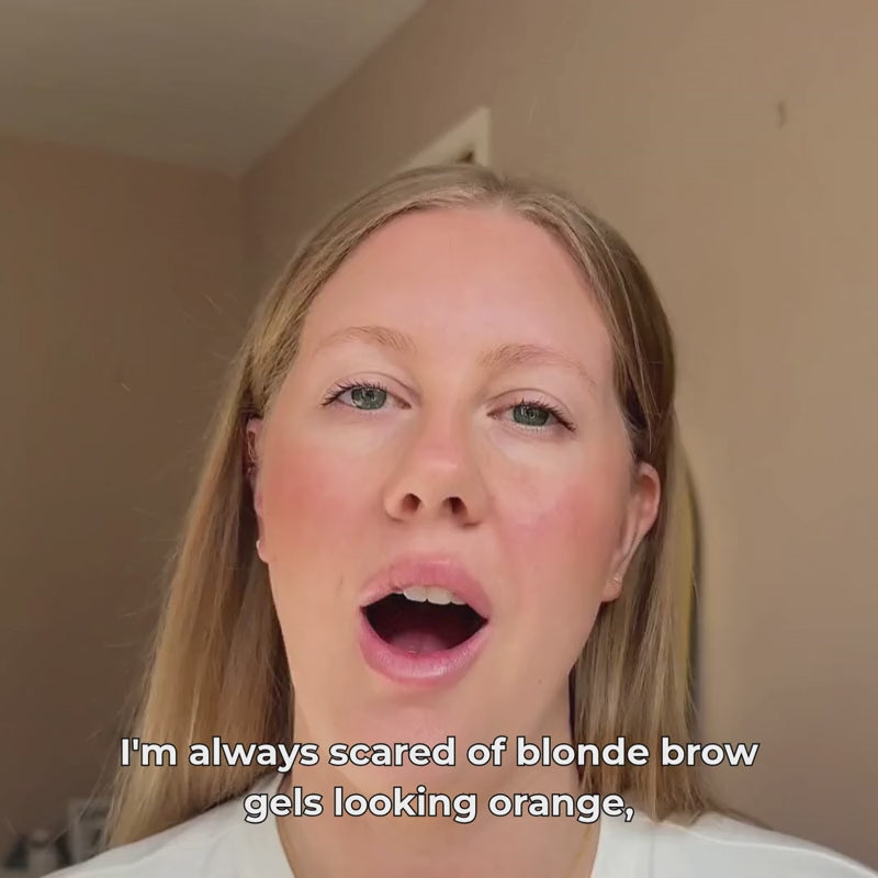 video of a woman explaining that she is scared of her brows looking orange and how this product helps get fuller natural looking brows